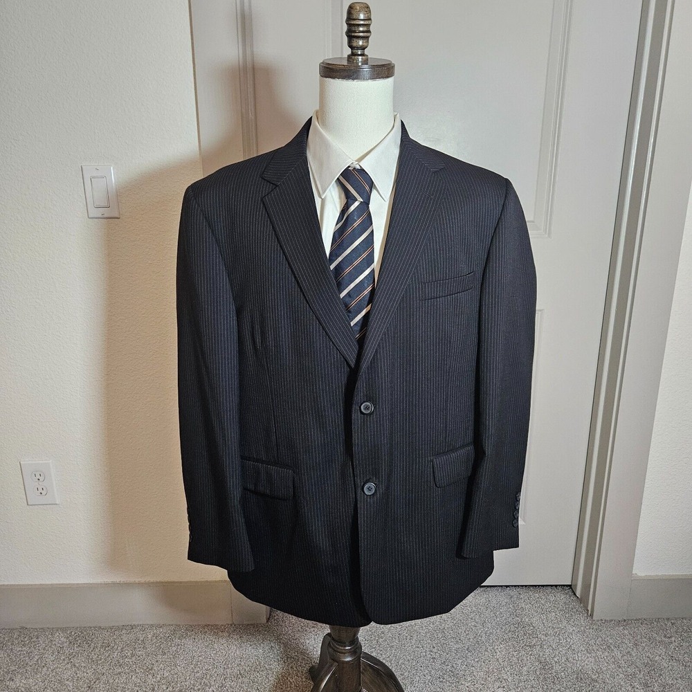 Stafford Signature 46R Suit‎ Blazer Sport Coat Men 100% Wool Black Pinstriped